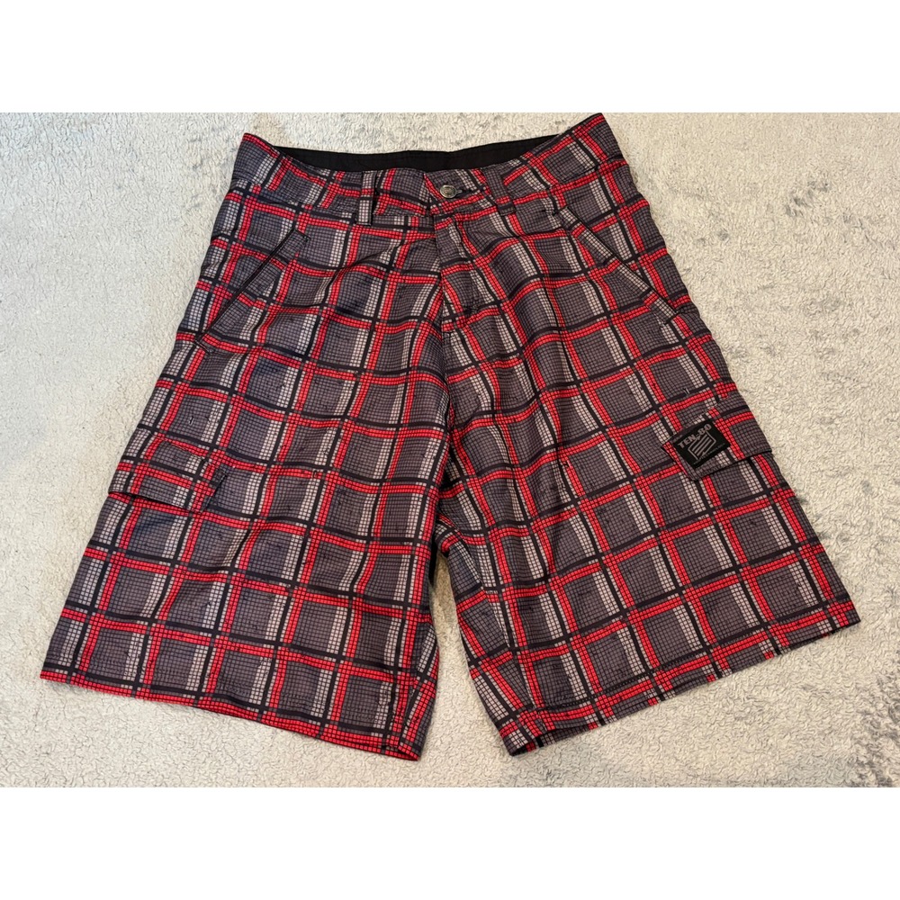 Ten-80 Mens Plaid Board Shorts Red Grey Wakeboard Surf Cargo Shorts Size 32